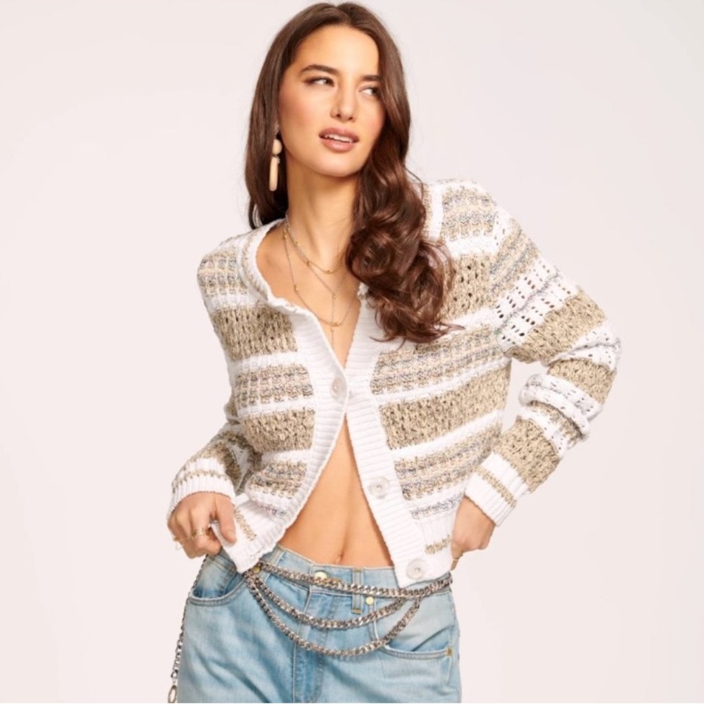 Ramy Brook Striped Cardigan in Cream and Tan